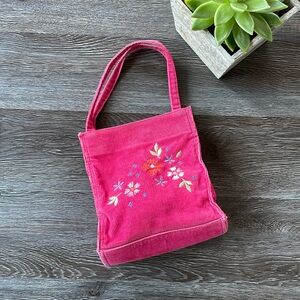 Vintage Lands’ End Pink Corduroy Embroidered Flower Lined Small Tote Bag Purse